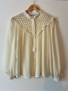 ZARA Cream Textured Swiss Dot Smocked Yoke Blouse